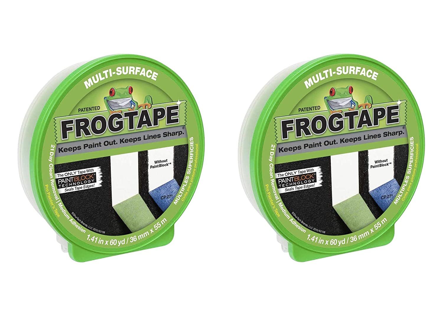 FROGTAPE 1358463 Multi-Surface Painter's Tape with PAINTBLOCK, Medium  Adhesion, 0.94 Wide x 60 Yards Long, Green, 2 Pack